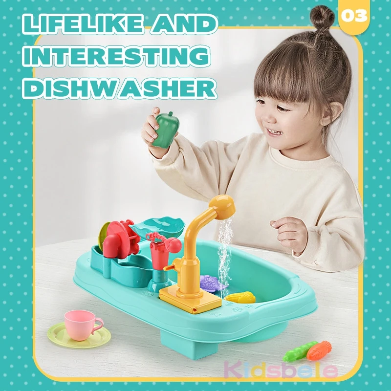 Pia de cozinha brinquedos para crianças, máquina de lavar louça elétrica, brincando de brinquedo com água corrente, fingir jogar, comida, pescar,