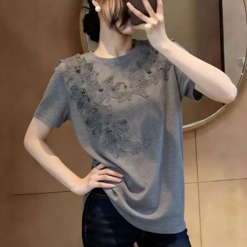 Grey Floral Embroidered Loose Pullover Blouse Short Sleeve Women Casual Summer Top