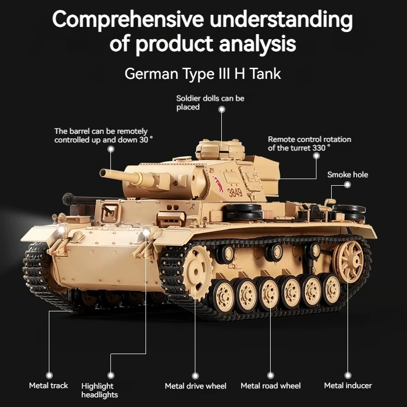 Henglong 1/16 Schaal Duitse Type 3 H-Tank 3849 Op afstand bestuurbare metalen rups RC Tank Speelgoed voor jongens Militair model Competitie