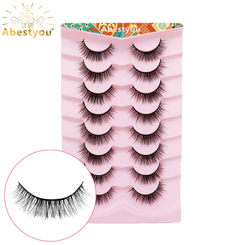 Abestyou Merk 3d 8 Paar Piekerige 13Mm Faux Mink Wimpers Natuurlijke Valse Wimpers Piekerige Pluizige Wimper Extensie Make-Up Half Lash Tool