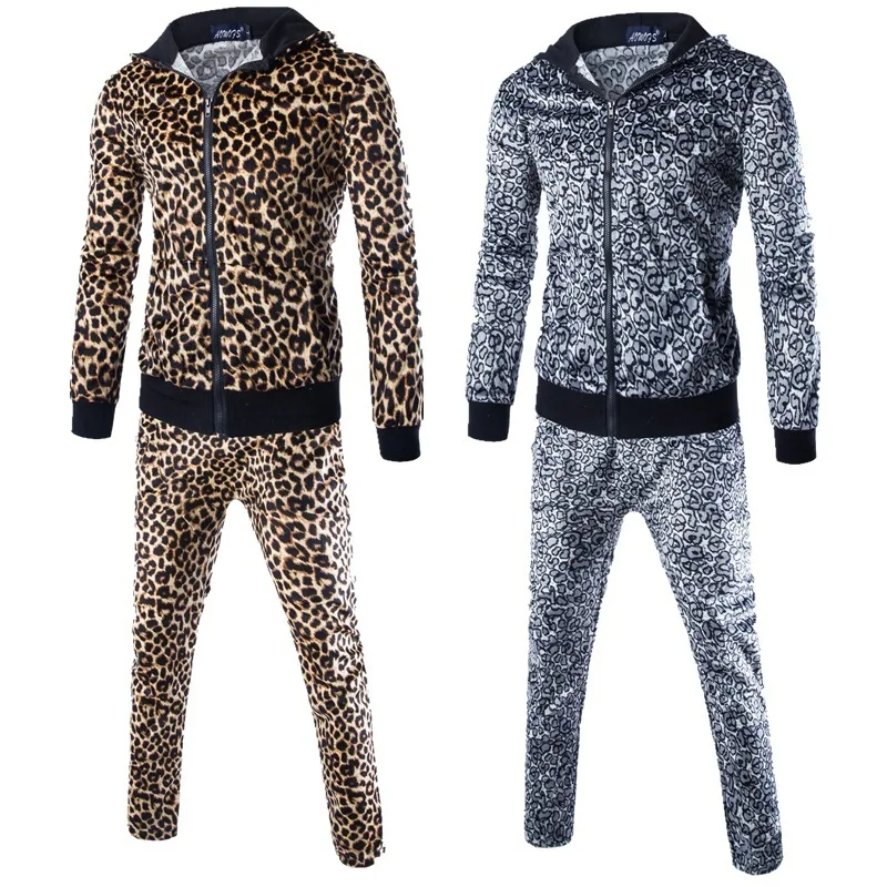 New Men\'s Casual Fashion Trend for Fall 2024 Hooded Leopard Print Hoodie Set Clothes for Men  Tracksuit Men