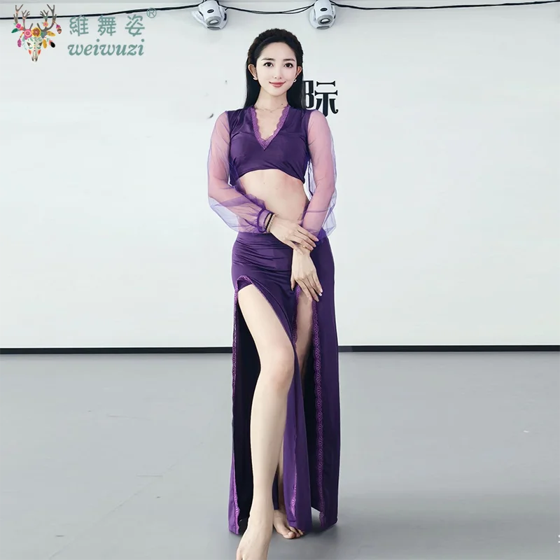 Costumi di danza del ventre per donna Top sexy con scollo a V in rete + gonna lunga in pizzo sexy 2 pezzi Tuta da allenamento professionale per danza orientale per adulti