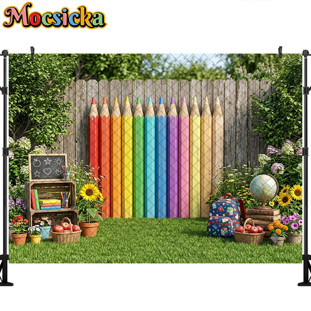 Mocsicka Photography Backdrop Giant Colorful Pencils Garden Fence Decoration Kids Back to School Party Portrait Studio Props