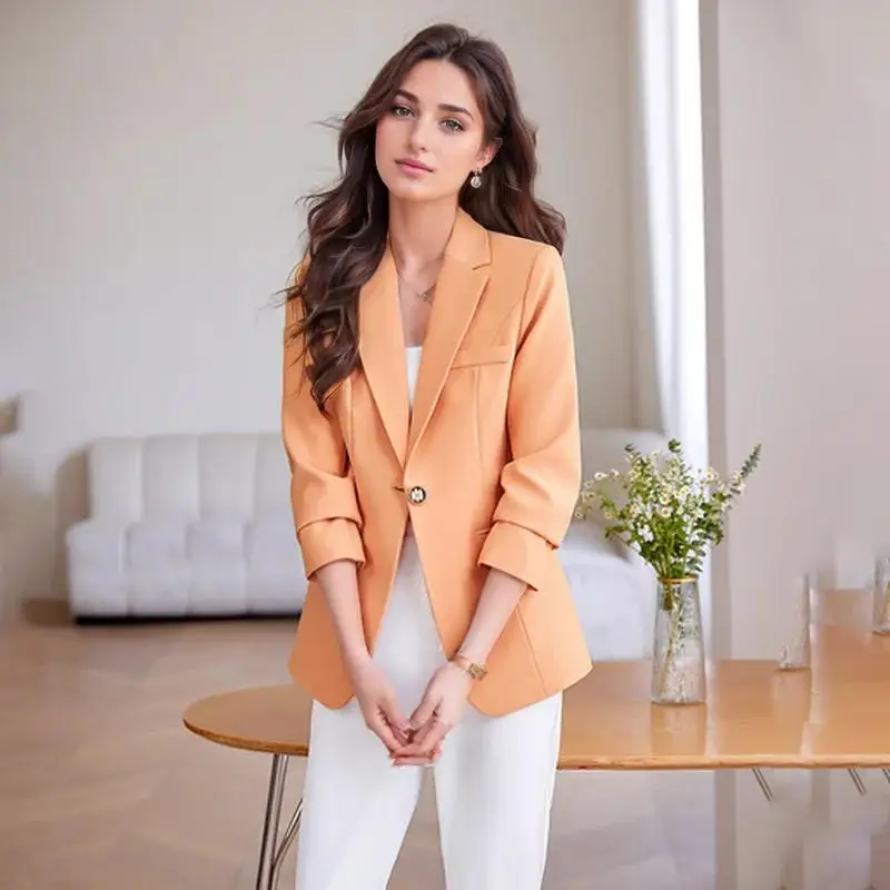 Elegant Solid Women's Blazer Long Sleeve Turn down Collar Slim Fit Office Jacket Single Button Spring Autumn Fashion