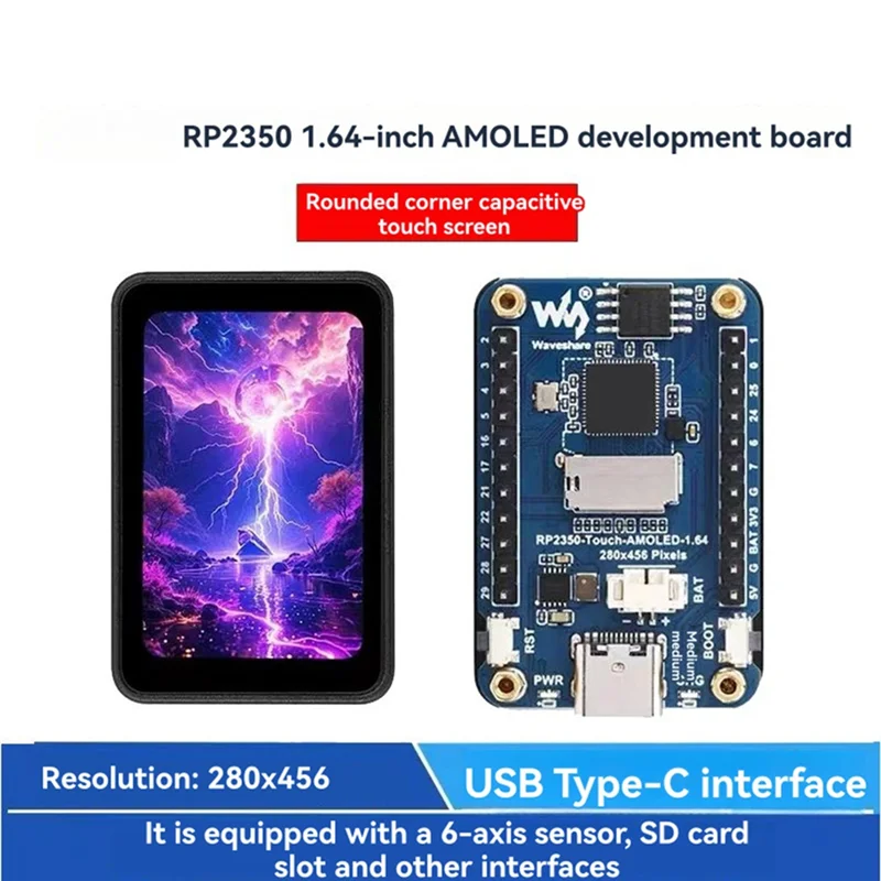 Макетная плата Waveshare RP2350, разрешение 280X456 для Raspberry Pi Pico 2, 1,64 дюйма, AMOLED, закругленный емкостный сенсорный дисплей-