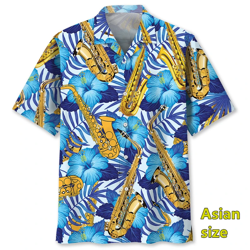 New Drums Saxophone 3d Printed Shirt For Men Musical Instruments Graphics Hawaiian Short Sleeves Shirts Mens Designer Clothes