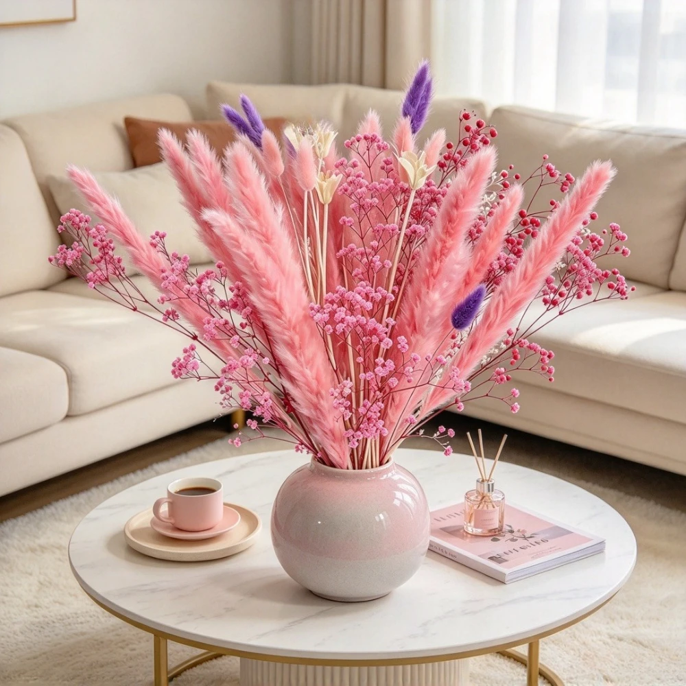 ボヘミアン風の自然なドライパンパスグラス、ピンクの花束。ふわ - Pampas Grass Decor のレビューと価格