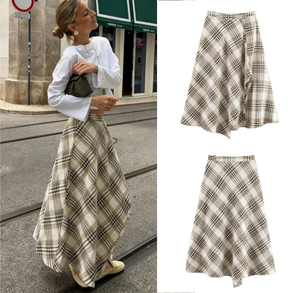 Women Casual Plaid Midi Skirt Chic Trendy Zip-up Asymmetrical Hem Skirt New 2026 Spring Summer Women Holiday Party Skirt