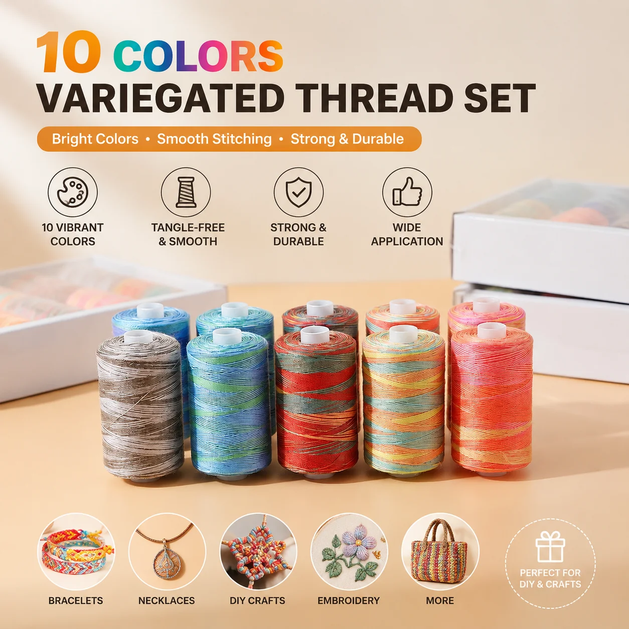10 Colors Variegated Polyester Sewing Thread Spools Embroidery DIY Craft Kit