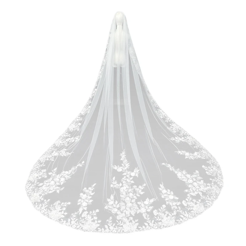 

Graceful Long Wedding Veil with Lace Edging Sophisticated White Bride Veil