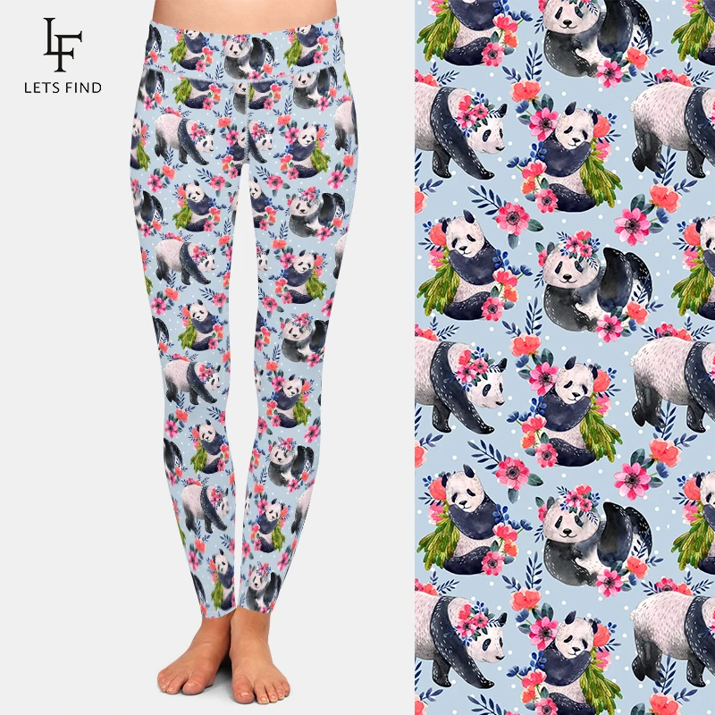 Letsfind novo bonito pandas e flores impressão digital mulheres de cintura alta leggings moda elástica leggings de fitness