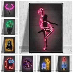 Neon Style Canvas Painting Pop Wall Art Astronaut Ballerina Pineapple Poster Nordic Abstract Mural Home Bar Wall Decor Unframed