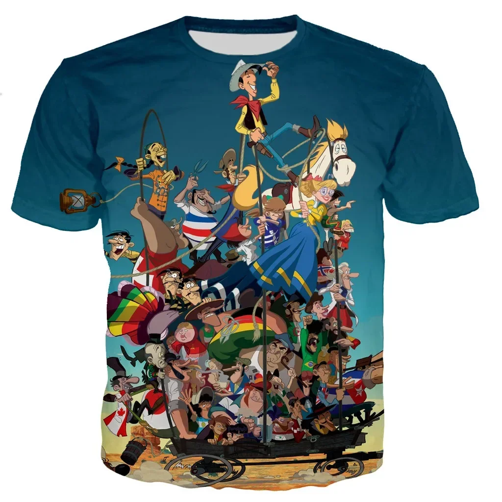 Trend New Lucky Luke Cartoon Animation 3DT T-shirt Print Street Wear Men's and Women's Fashion Oversized Crew Neck Short Sleeve