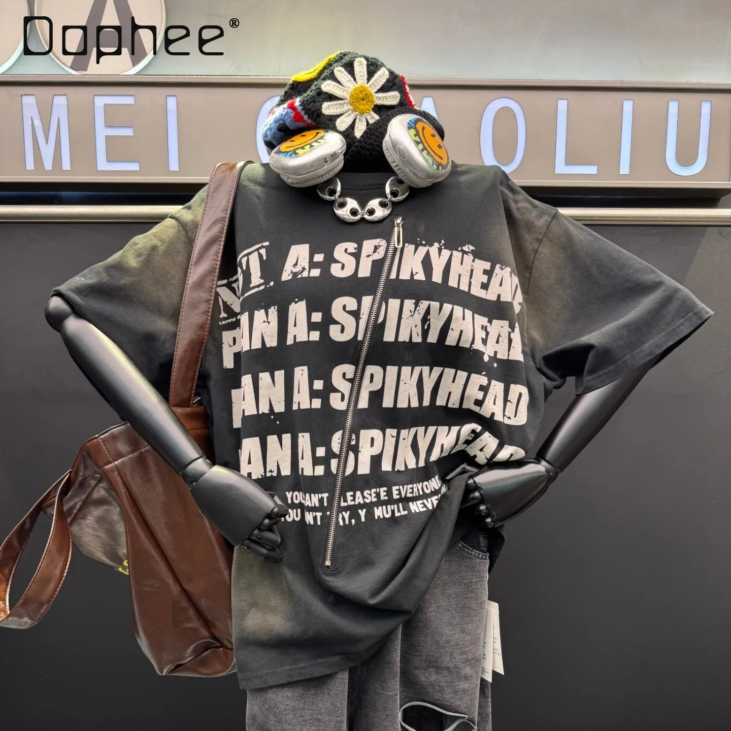 

Женская футболка оверсайз с коротким рукавом в американском ретро-стиле, с принтом-надписью на молнии, свободного кроя, модный уличный стиль, с круглым вырезом