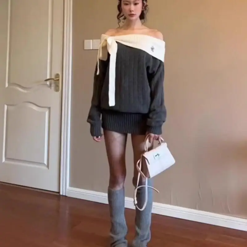 

Spring and Autumn Sweater French Style Commuter Gentle Bow Off The Shoulders Sweater for Office Workers Cardigan Knitted Sweater