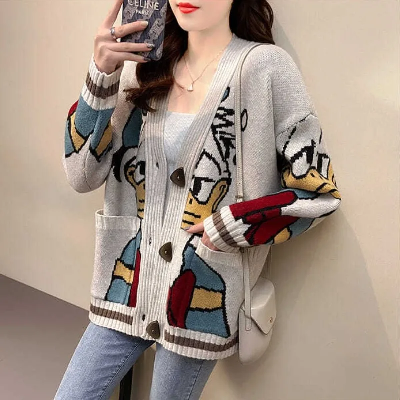 

Disney Anime Donald Duck Jacquard Sweater Women's Cartoon Spring and AutumnLoose Knitted Cardigan Casual Top Gift for Girls