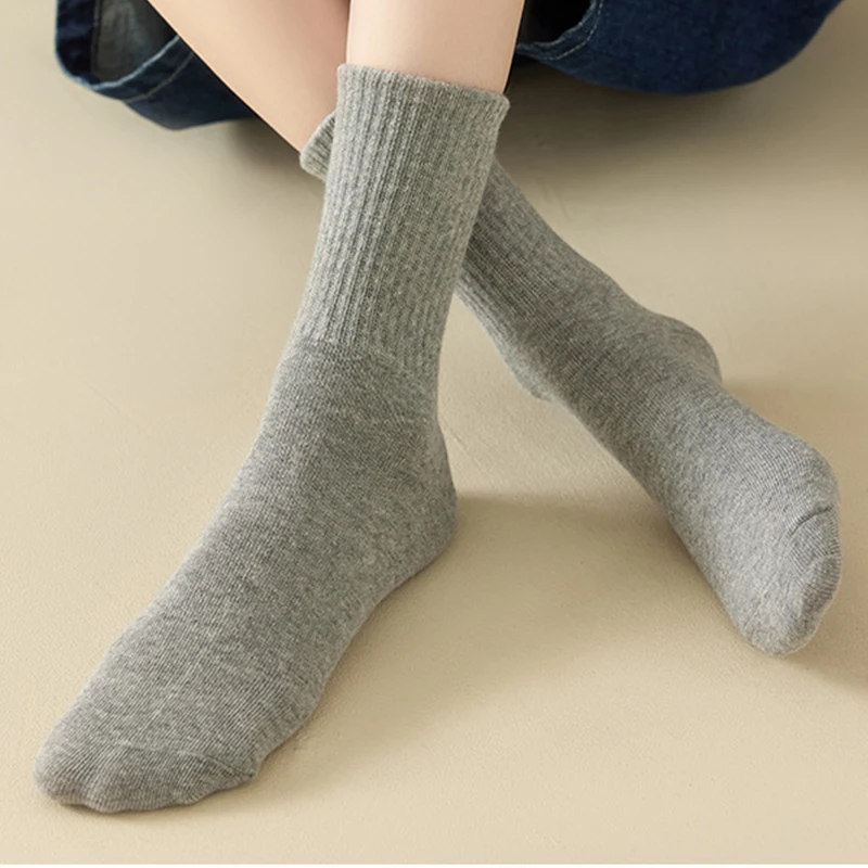 2 Pairs Cotton Socks Women Thick Warm Solid Color Autumn Winter Soft Middle Tube Socks Female Plus Velvet Japanese Sleep Sock