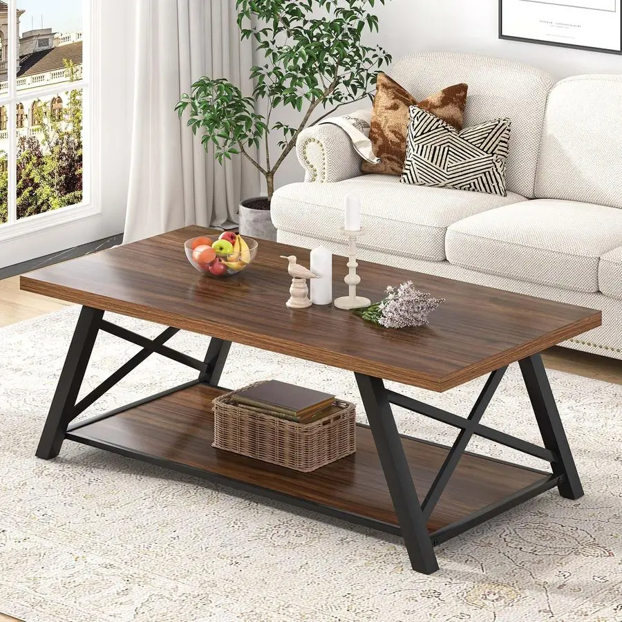 Modern Coffee Table, Industrial Living Room Center Table with Storage Shelf, Rectangle Wood and Metal Cocktail Tea  Customizable