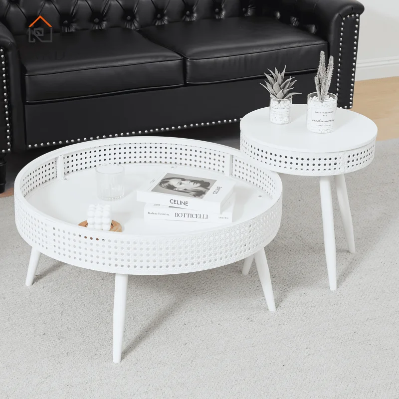 ORRD Modern Farmhouse round Coffee Table Suit，Including Two Iron Rattan Side Tables，with Hidden Storage Basket，