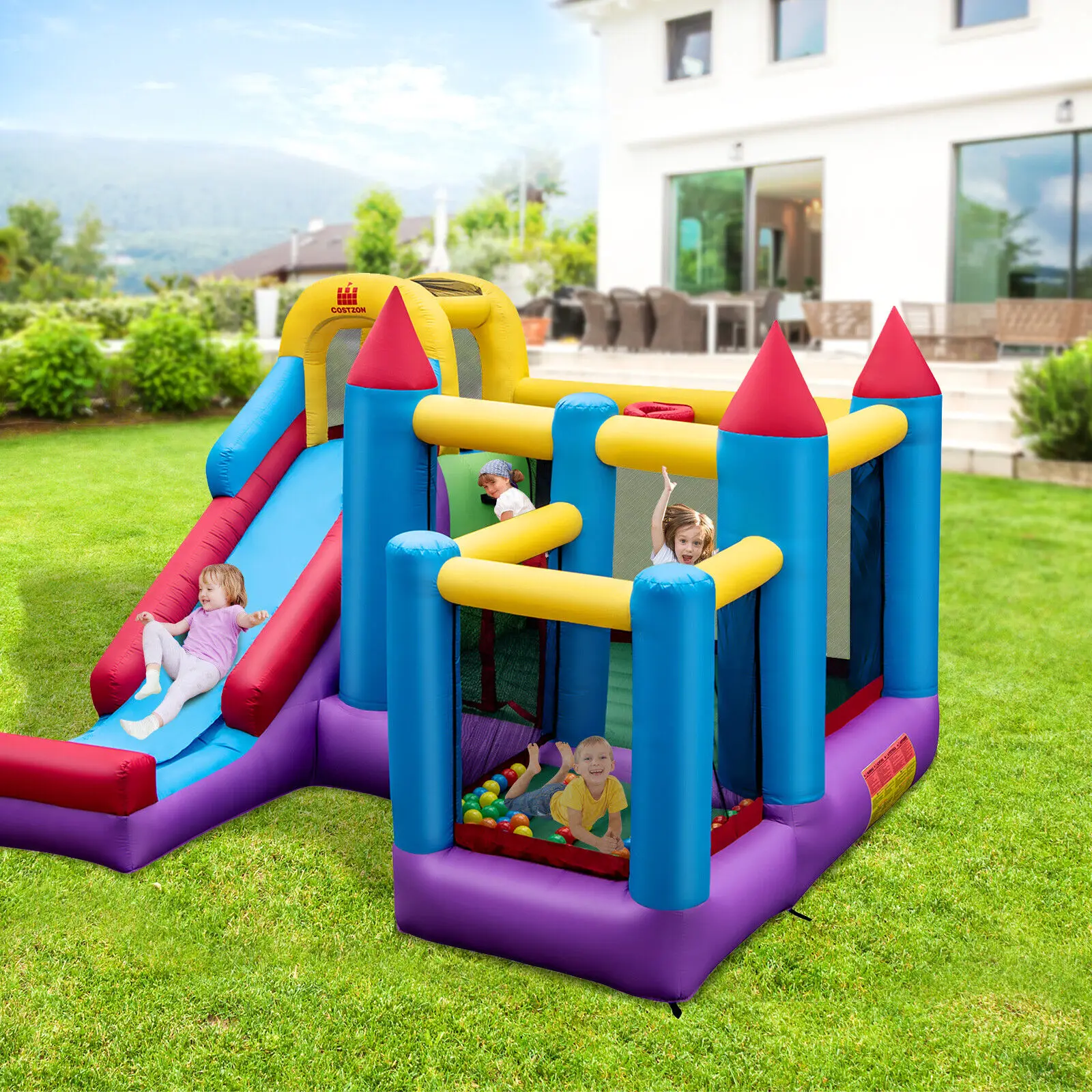 Casa inflável do salto de babyjoy 5-em-1 bouncer interno & exterior com ventilador de 735w