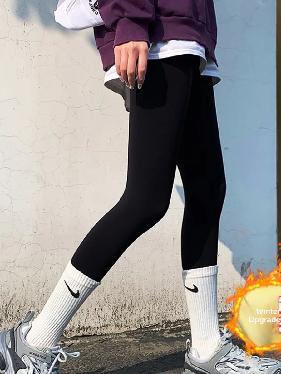 กางเกงโยคะเอวสูงผ้าทีนเนดอาร์ค สีเนื้อ สำหรับผู้หญิง ฤดูใบไม้ร่วง ฤดูหนาว บุซับใน กางเกงทรงเหลี่ยม 9 ส่วน กระชับรูปร่าง