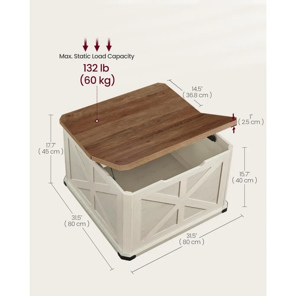 Bauernhaus Couch tisch mit Stauraum, quadratischer Couch tisch für Wohnzimmer, Mittel tisch mit Klappdeckel, honig braunes rustikales Weiß