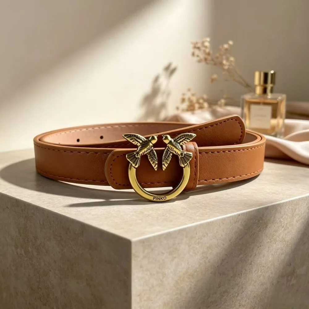 Women's Thin Artificial Leather Belt, Retro Double Tailcoat Metal Buckle, High-End Retro Luxury Full Jeans and Dress Belt