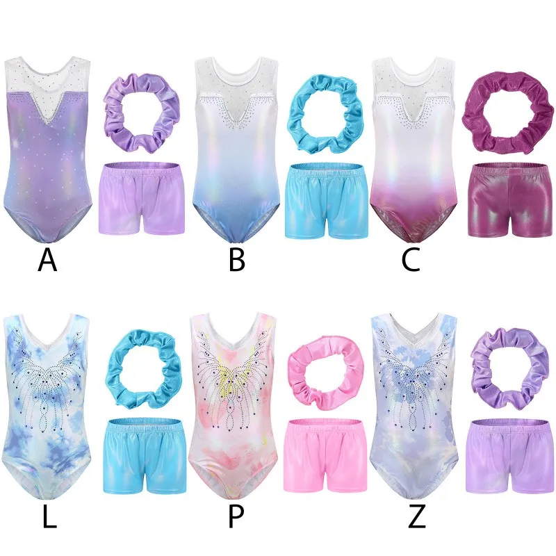 Girls' Leotard +Shorts+Headband Sets Sparkly Tumbling Sleeveless Gymnastics Clothing Skin-tight Garment Dancewear