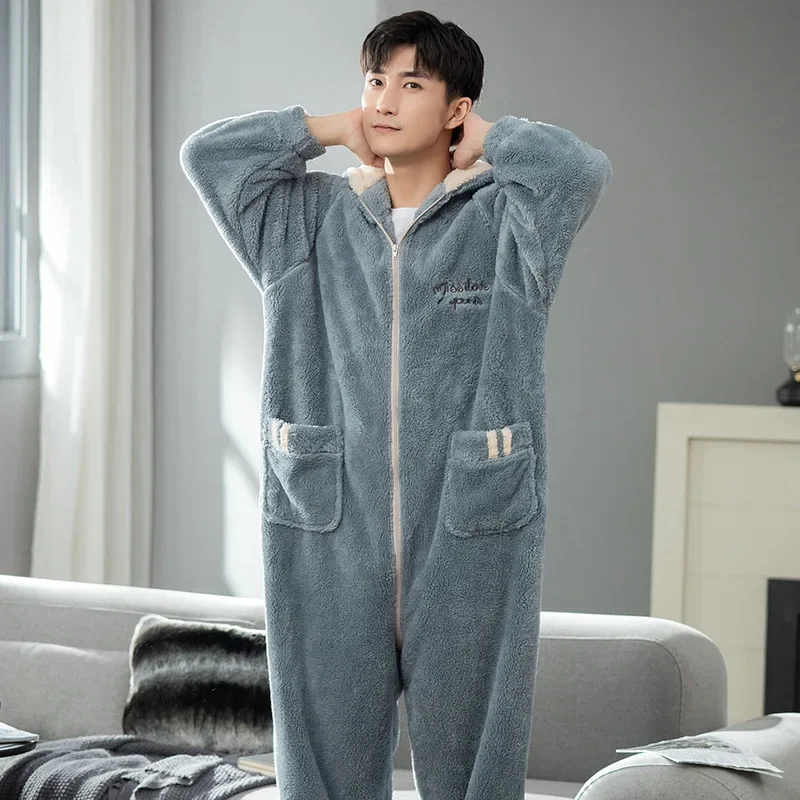 Fall and Winter One-piece Pajamas Plush Pajamas  Long Sleeve Zipper Hooded Jumpsuits Thick Home Warm One-piece Clothes for Male