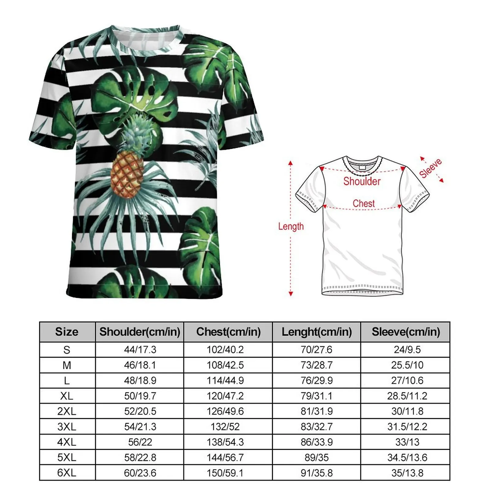 Watercolor Tropical T-Shirt Pineapple And Stripes Men Novelty T-Shirts Summer Graphic Tee Shirt Short-Sleeve Fun Plus Size Tops