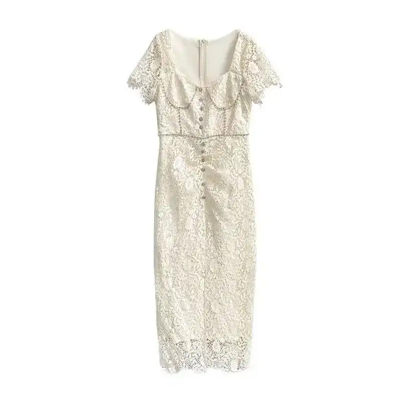 Brand Diamond Lace Prom Dress Women 2025 Summer Short Sleeve Crystal Chain Sheath Bodycon Evening Party Midi Long Dresses Runway