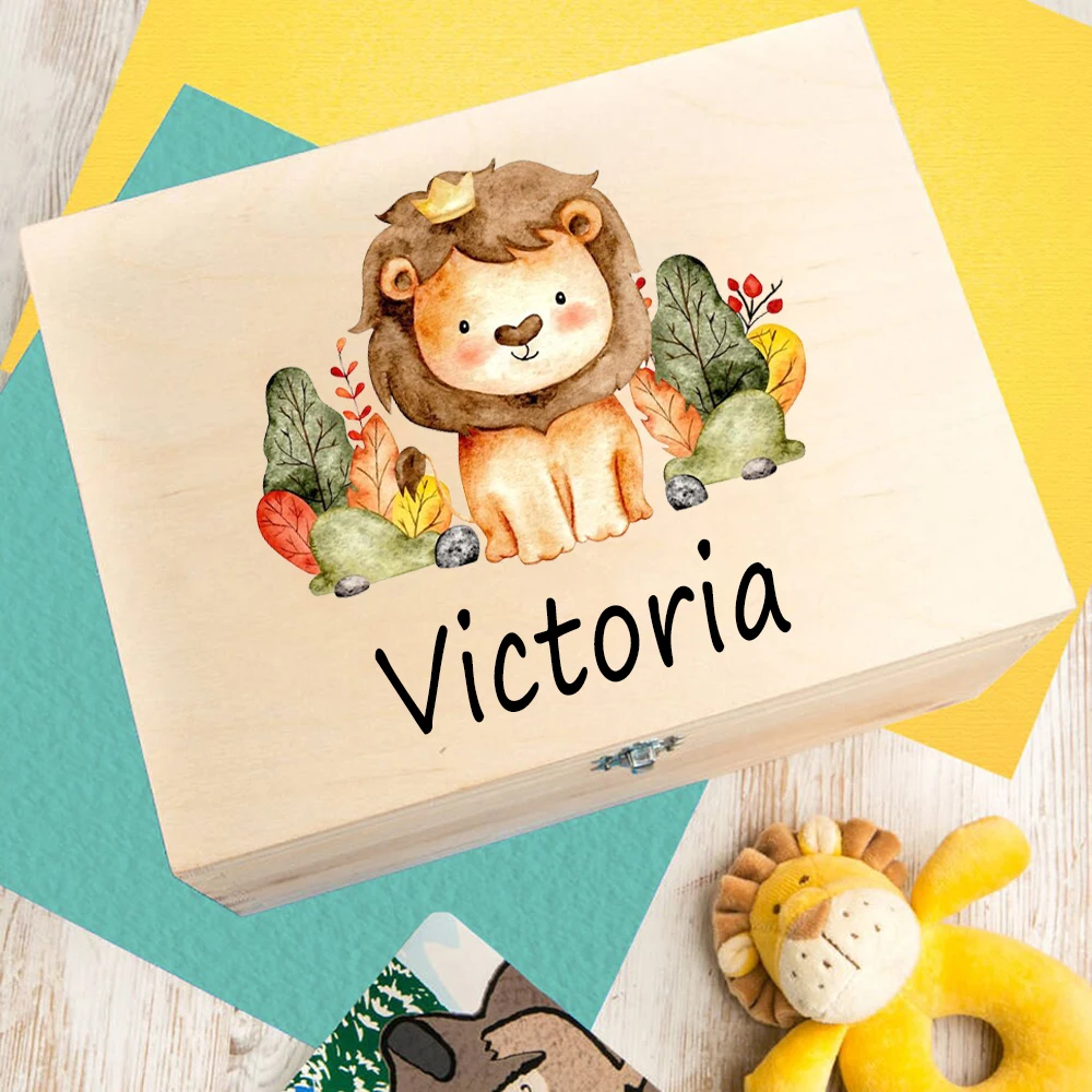 Caja de madera personalizada con estampado de animales para bebé, recuerdo infantil con nombre personalizado, regalo para recién nacido