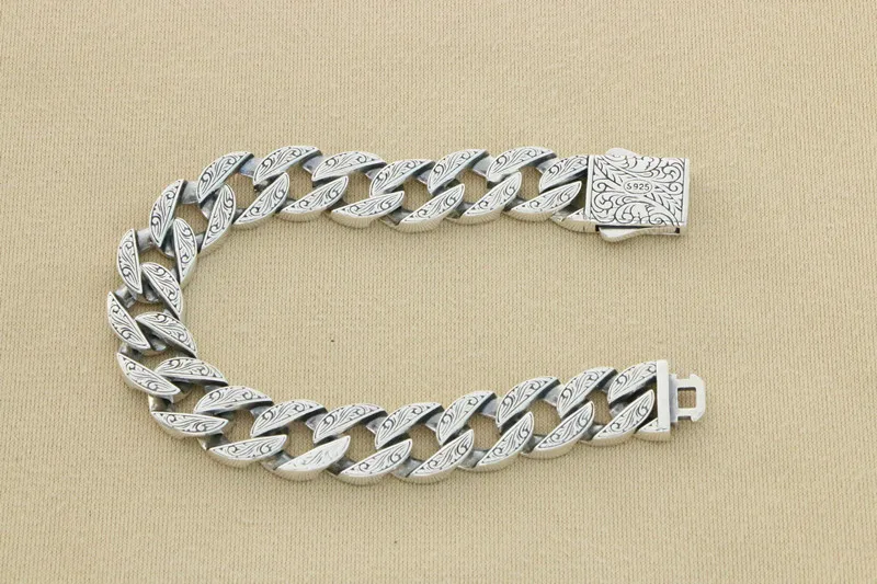 Handsome S925 Sterling Silver Tang Grass Pattern Bracelet for Men with Rugged Personality, Thai Silver Bracelet for Men with Ret