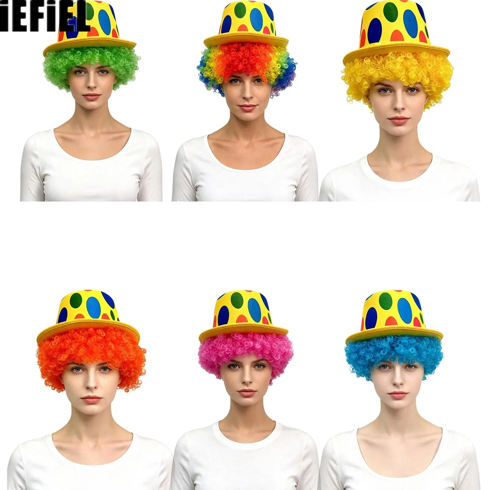 Funny Clown Curly Wig with Polka Dot Hat Cap Costume Accessories for Halloween Cosplay Party Performance
