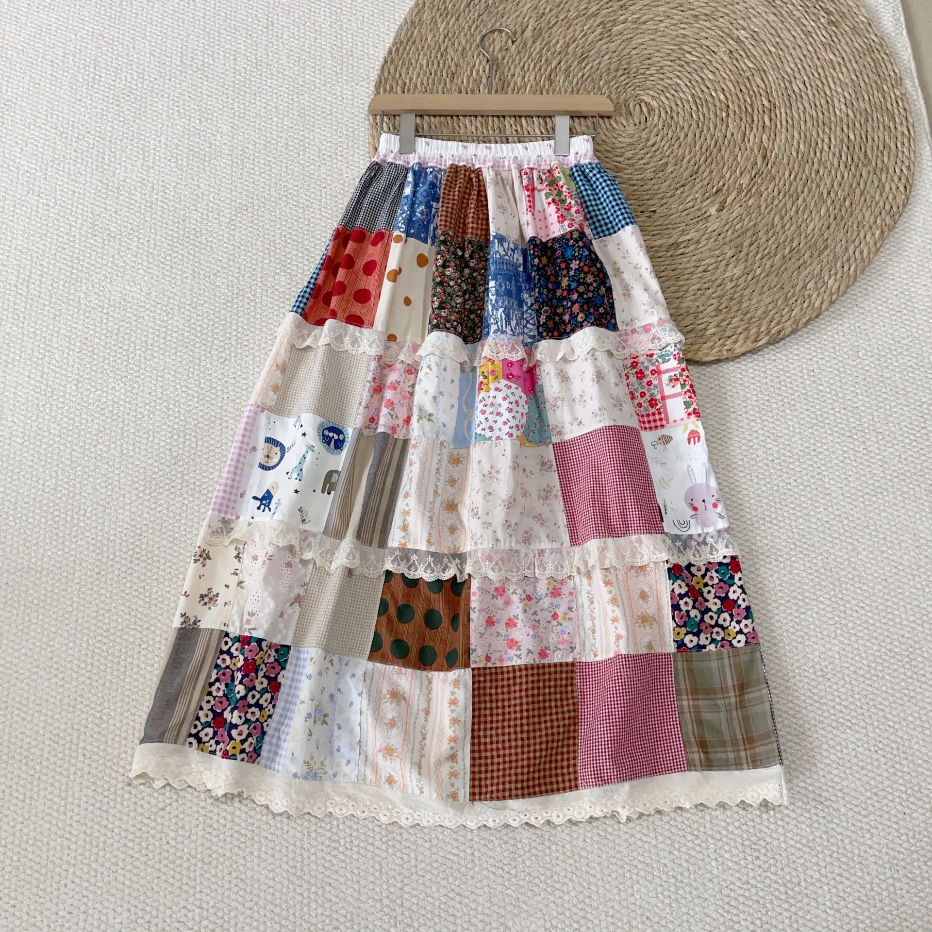 

2025 Mori girl style original design plaid polka dot print patchwork long skirts for women autumn cotton lace vintage skirts