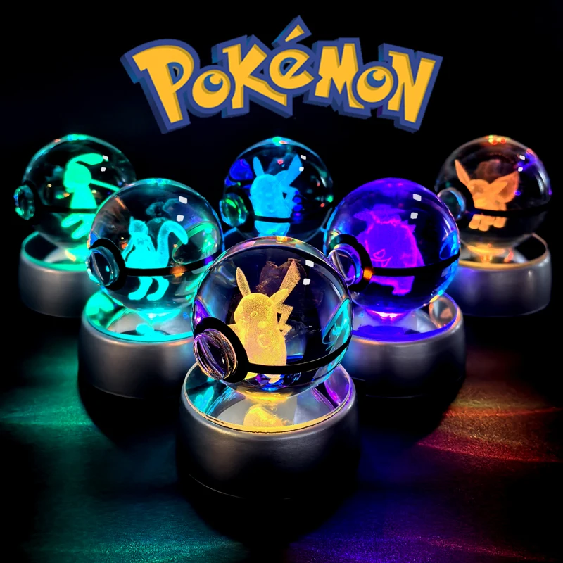 Pokemon Crystal Ball 3D Pikachu Gengar Mew Mewtwo Base della lampada Pokeball Crystal Pokemon Glass Ball Figure Night Light regalo di compleanno