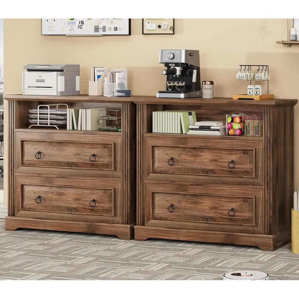 프린터 스탠드와 수납 선반이 있는 A4 목재 측면 파일 캐비닛, 브라운