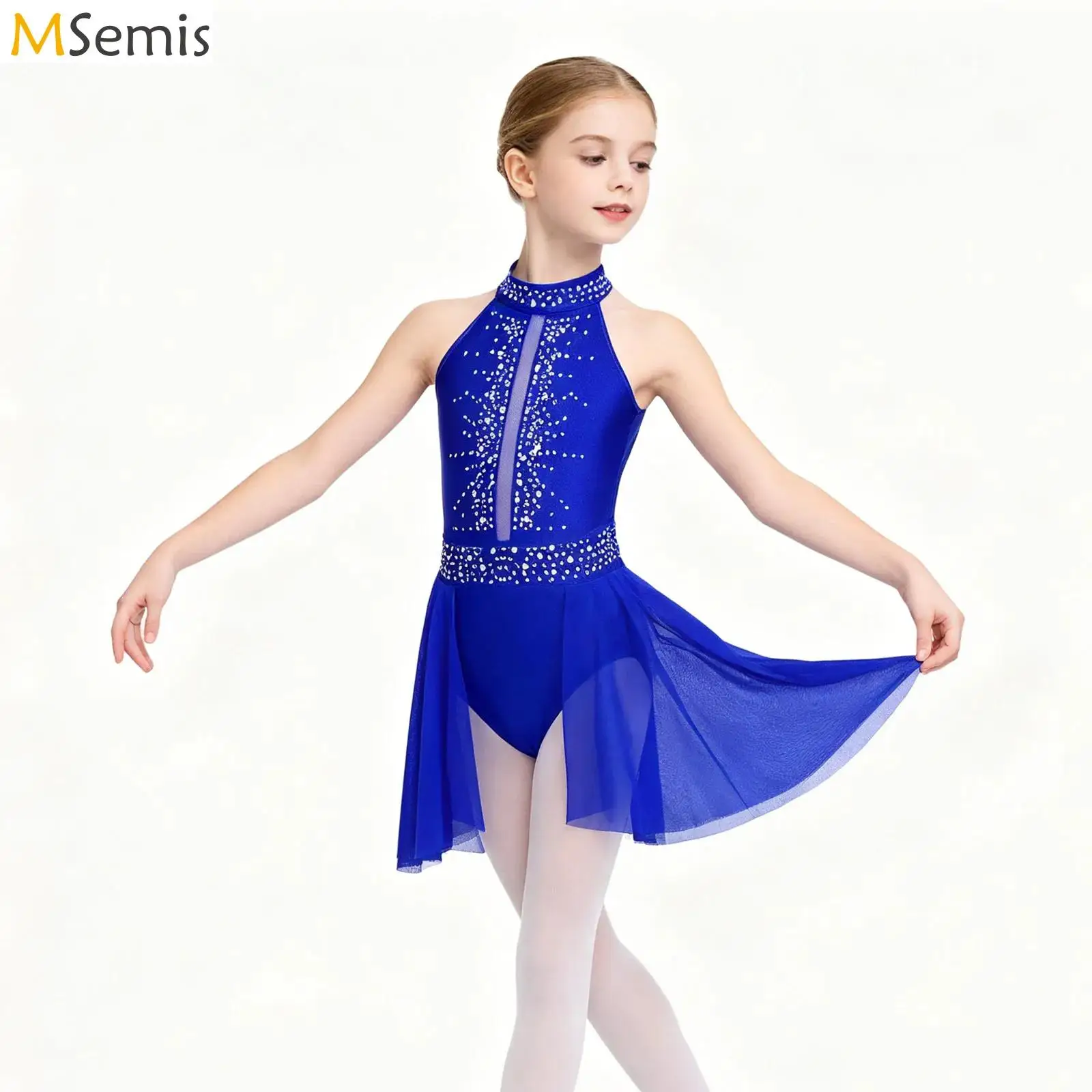 

Kids Girls Shiny Rhinestones Gymnastics Figure Skating Ballet Dance Performance Leotards Costume Cutout Back Leotard Dress