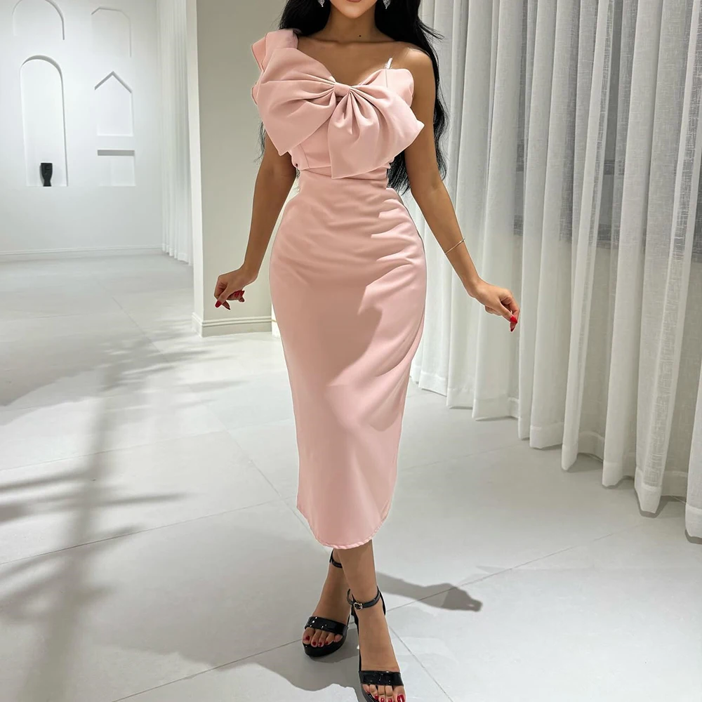 

Fashion Satin Straight One Shoulder 3D Bow Evening Dress High Quality Tea Length Sleeveless فساتين سهره نسائيه فخمة