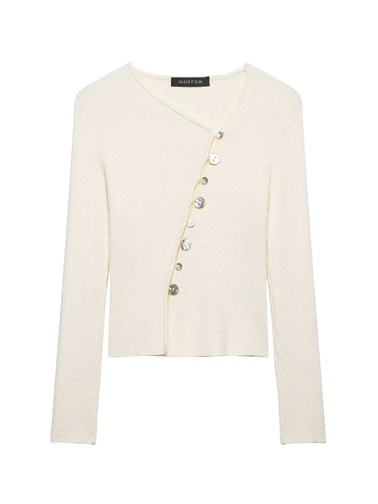 

HH Women's Spring Fashion Versatile Knitted Cardigan Sweater Top Female Beige Vintage Asymmetrical Buckle Street Casual Jacket