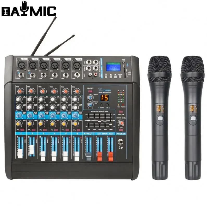 

Power mixer 8 channels 2 way 250 watt with dual wireless microphone audio mixer for stage professional stage