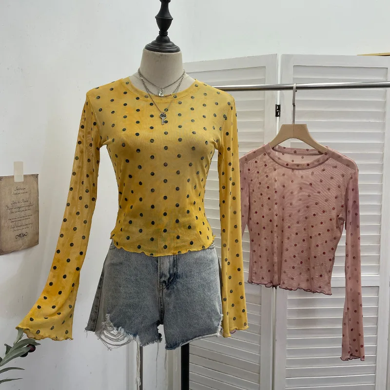 Chic Polka Dot Flocked Long Sleeve Sun Protective T-shirt for Women Summer Mesh Sheer Overlay Short Length Slim Fit Top 2721