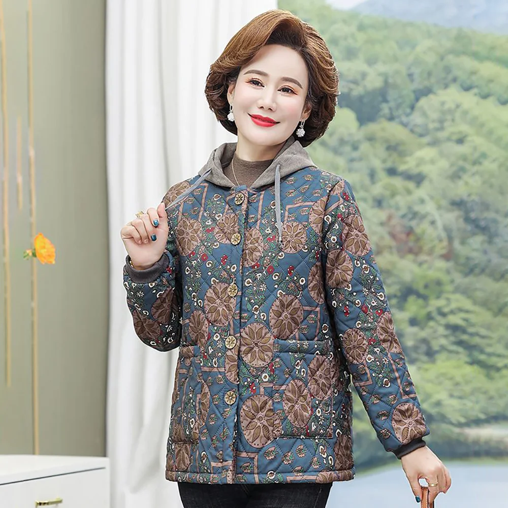 Fleece Warm Cotton-padded Jacket Female New Middle-aged And Elderly Winter Hooded Loose Ladies Printed Mother Coat Tide 5XL.