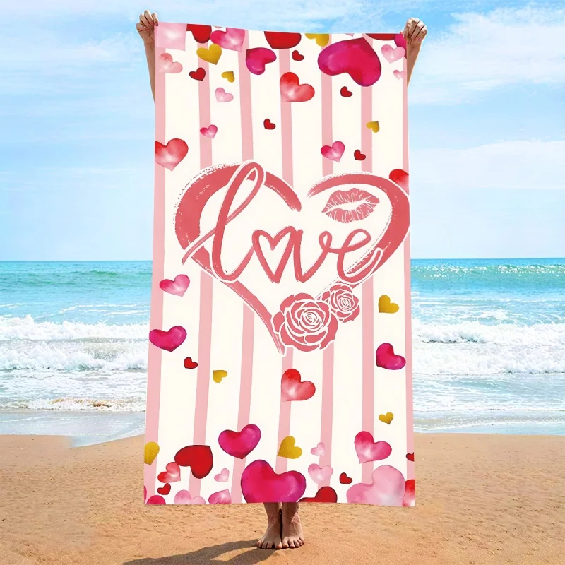 Newest Beach Towel Pink White Stripe Love Rose Lip Heart Valentines Print Quick Dry Beach Towel Romantic Pool Towel