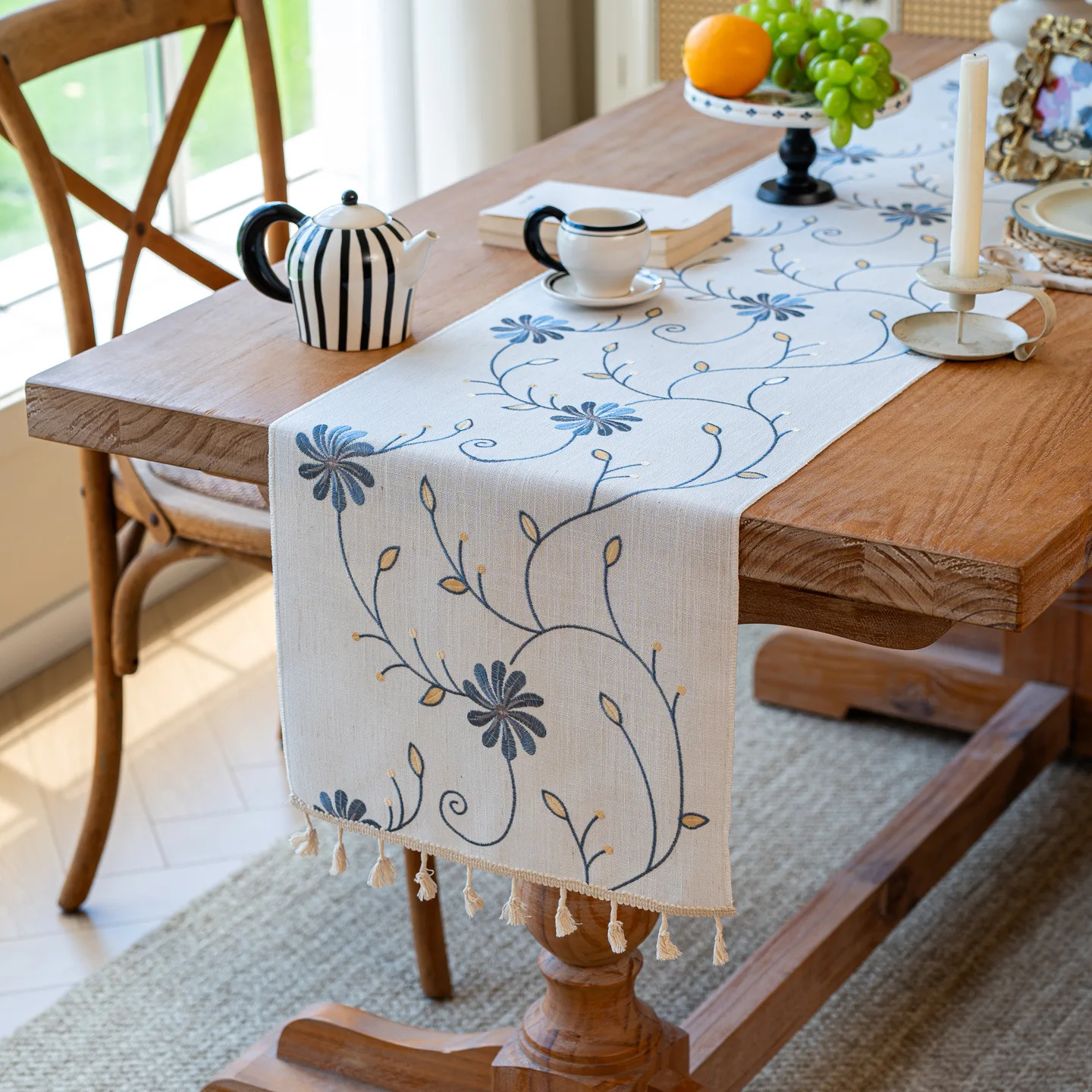 Vintage Embroidered Flower Table Runner with Tassels, Linen Texture for Dining & Wedding Decor