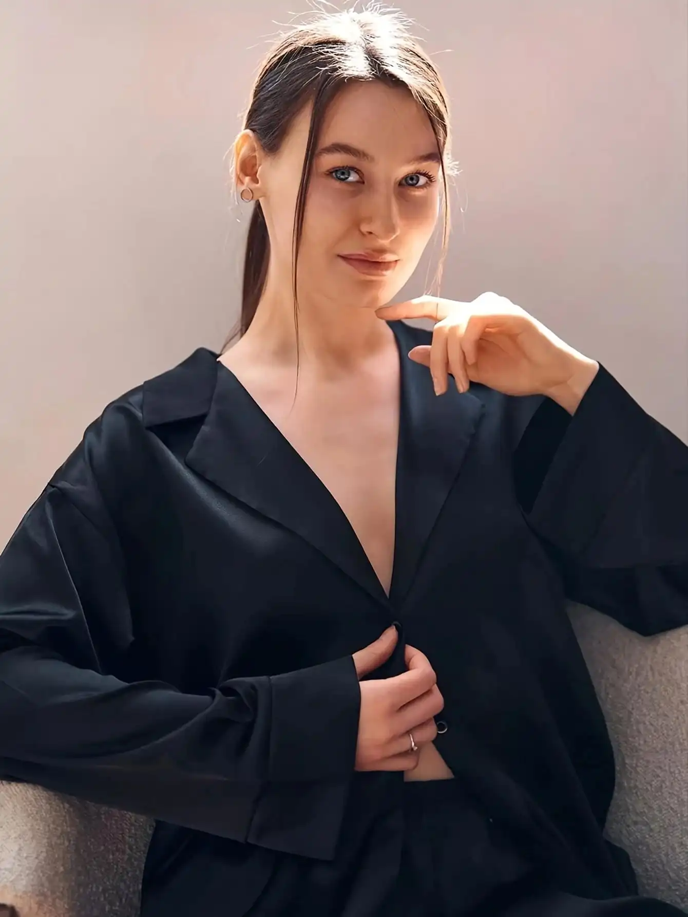 طقم بيجامة نسائي فضفاض كاجوال للربيع/السيارات - كارديجان بأزرار وأكمام طويلة + بنطلون، قماش ناعم #5