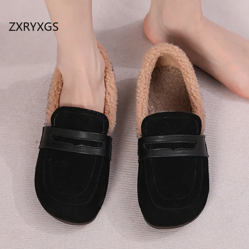 ZXRYXGS قسط البقرة المدبوغ الشتاء حذاء مسطح امرأة جديدة 2025 حجم كبير جولة تو Cimfort حذاء ثلج دافئ موضة حذاء كاجوال الشقق