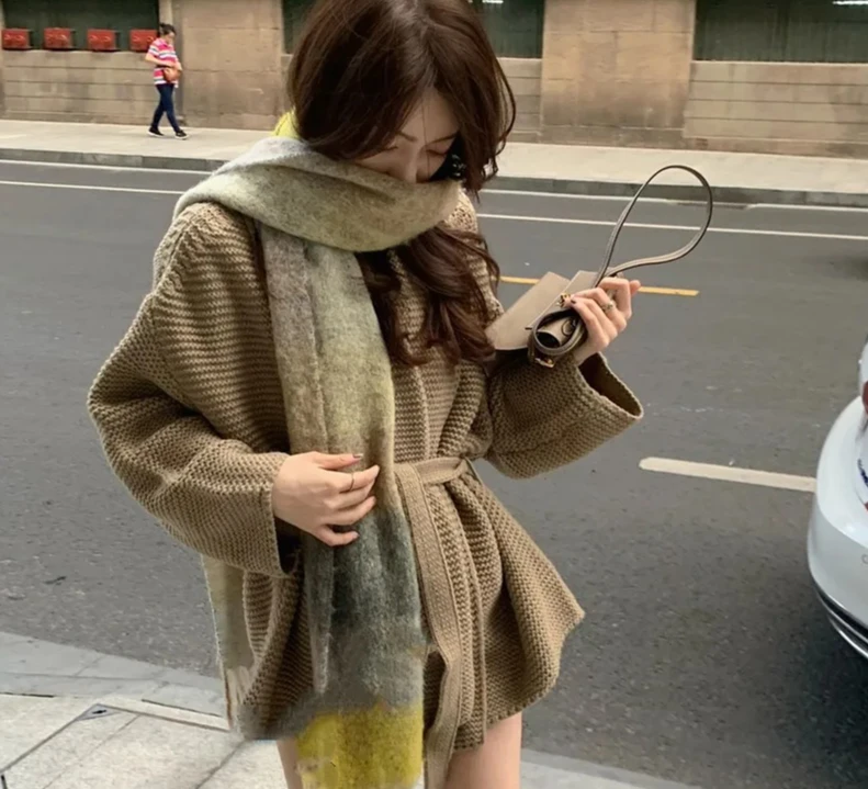 

Korean Style Women's Lazy Woolen Sweater Coat with Belt Warm Autumn Winter Pure Color Polo Collar Long Sleeve Size Inclusive