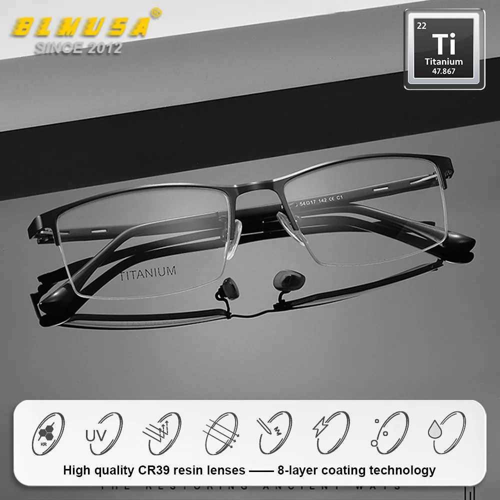 BLMUSA (L) High Quality Business Men's Titanium Reading Eyeglasses Half-Frame Blue Light Filter Progressive Prescription Glasses