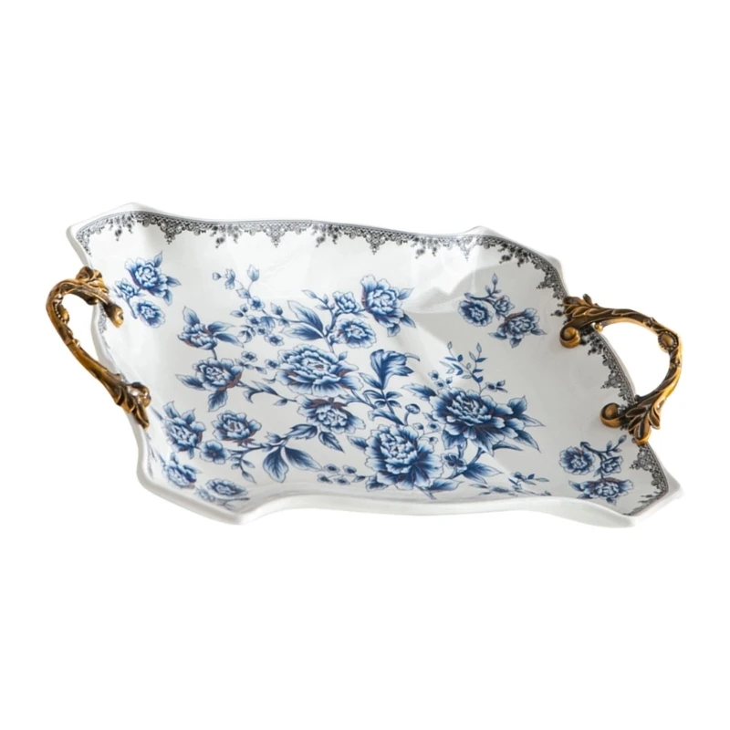 Spacious 37Cm Wide Ceramic Serving Plate With Ornamental Handle Retro Themed Snacks Tray For Entertaining